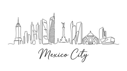 Fototapeta premium Minimalist Line Illustration of Mexico City Skyline Featuring Iconic Modern Skyscrapers and Historic Landmarks