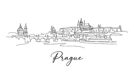 Fototapeta premium Minimalist line art depiction of Prague's historic skyline showcasing iconic architecture and cityscape with artistic elegance