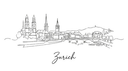 Fototapeta premium Elegant Line Drawing of Zurich's Cityscape Featuring Historic Churches and Modern Buildings