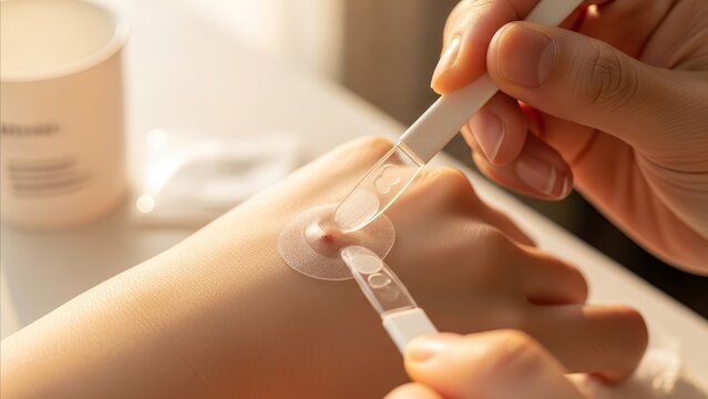 Skincare - Applying Transparent Acne Patch Over Pimple on Arm with Precision Using Tweezers