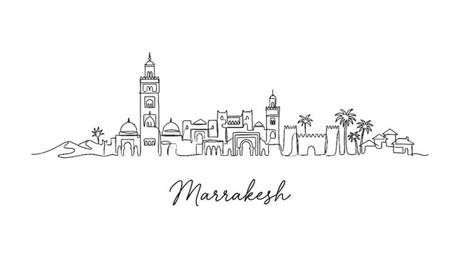 Minimalist Line Drawing of Marrakech Cityscape with Architectural Landmarks and Palm Trees Featuring Elegant Script Label