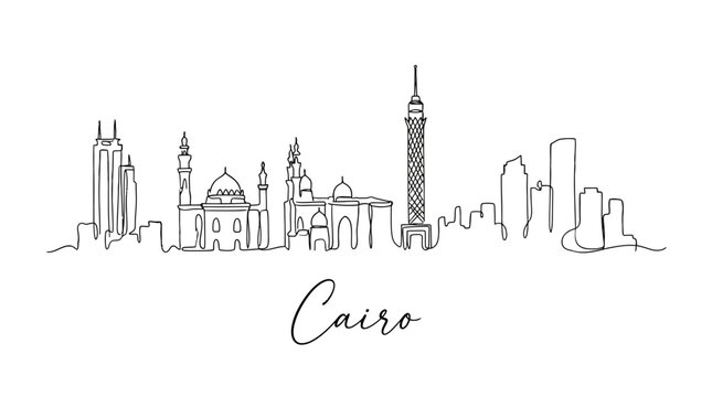 Minimalist line drawing of Cairo's iconic skyline featuring historic mosques and modern skyscrapers capturing Egypt's