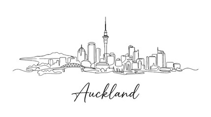Fototapeta premium Minimalist Line Art Illustration of Auckland Skyline Featuring Iconic Skyscrapers and Harbour Views