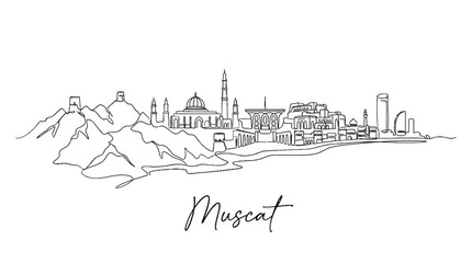 Fototapeta premium Elegant minimalist line art capturing the iconic skyline and landscape of Muscat Oman featuring historic and modern architecture