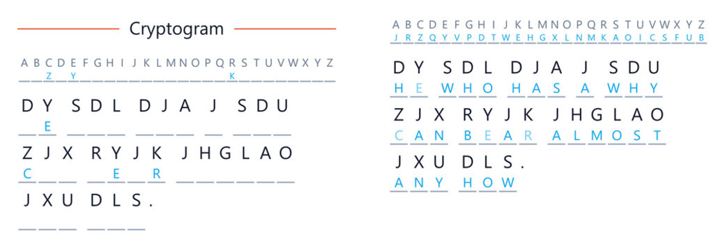 Cryptogram puzzle design with encoded text and letters  