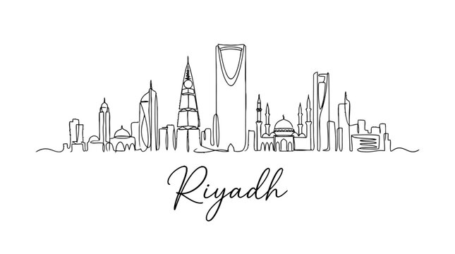 Elegant minimalist line art depiction of Riyadh's iconic skyline showcasing modern skyscrapers and traditional architecture in a