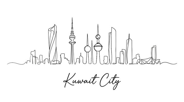 Minimalist Line Drawing of Kuwait City Skyline Featuring Iconic Skyscrapers and Landmarks