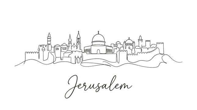 Minimalist line drawing of Jerusalem skyline showcasing historic landmarks and cityscape with elegant handwritten script