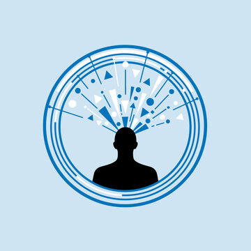 Silhouette of a human head with abstract geometric shapes and lines exploding outwards, symbolizing creativity and ideas.