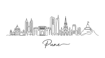 Obraz premium Minimalist continuous line drawing of Pune city skyline showcasing diverse architectural styles with iconic landmarks and