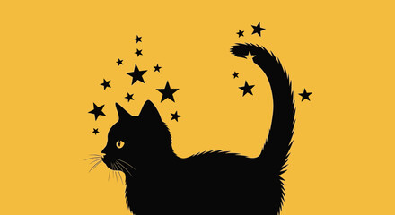 Black Cat Silhouette with Magical Stars on Yellow Background © Romadlon
