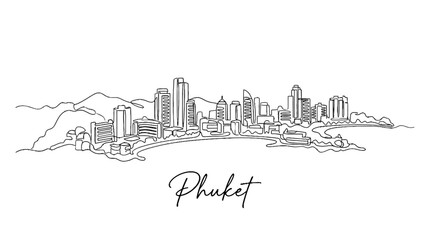 Obraz premium Minimalist Line Drawing of Phuket Cityscape Featuring Modern High-Rise Buildings and Coastal Landscape