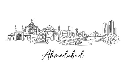 Naklejka premium Minimalist Continuous Line Drawing of Ahmedabad Skyscrapers and Historic Sites with Cityscape View