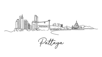 Fototapeta premium Minimalist Line Drawing of Pattaya's Cityscape with Modern Skyscrapers and Traditional Landmark