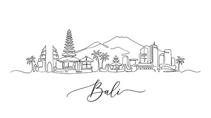 Obraz premium Minimalist Sketch of Bali's Scenic Landscape Featuring Traditional Temples and Mountain Views