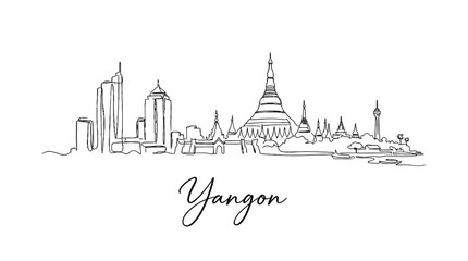 Obraz premium Minimalist Line Drawing of Yangon Skyline Featuring Iconic Landmarks and Modern Architecture