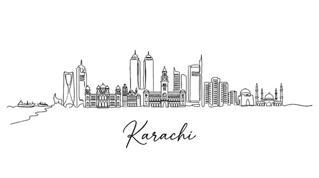 Elegant Line Drawing Depiction of Karachi's Dynamic Skyline with Iconic Landmarks and Modern Skyscrapers showcased in a