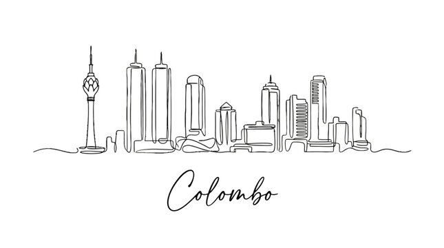 Minimalist Line Art Illustration of Colombo's Skyline Showing Iconic Tall Buildings and Urban Landscape in a Simple Black and