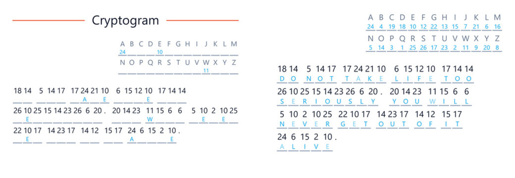 Cryptogram with code key and letter substitutions on white background  