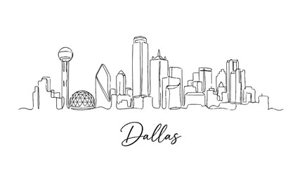 Fototapeta premium Minimalist Continuous Line Drawing of Dallas Skyline Featuring Iconic Landmarks and Skyline with Elegant Script Label