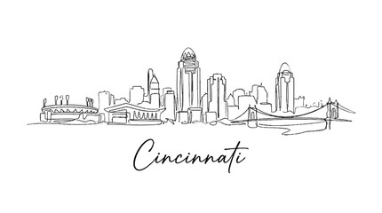 Fototapeta premium Minimalist Line Art Illustration of Cincinnati Skyline Featuring Iconic Buildings and Bridges