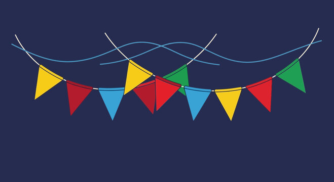 Colorful Triangle Bunting Flags Garland on Dark Blue Background