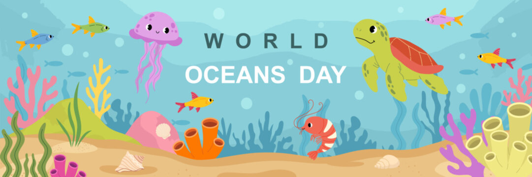 World oceans day banner with turttle, jellyfish, tropical fish and corals. Cute underwater scene. Perfect for eco themes and summer design. Flat vector illustration.