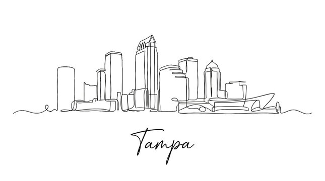 Minimalist Line Drawing of Tampa Skyline Featuring Contemporary Urban Architecture and Skyscrapers with Elegant Typography