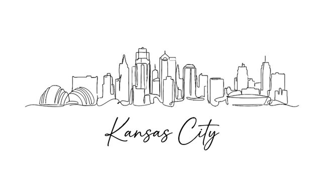 Minimalist Line Drawing of Kansas City Skyline Featuring Iconic Landmarks and Urban Silhouette