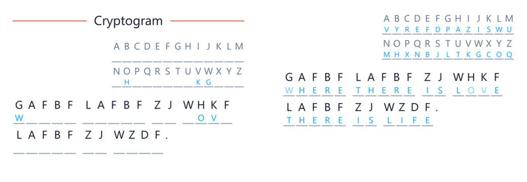 Cryptogram with letter substitutions and coded messages on paper  