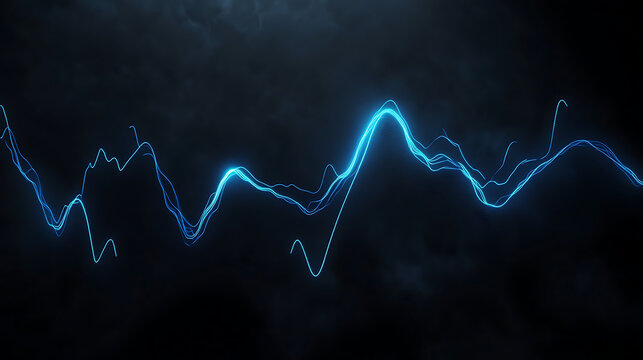 Blue glowing electrical discharge lines flowing across dark space representing digital data frequency or sound waves for technology, science, and futuristic design.