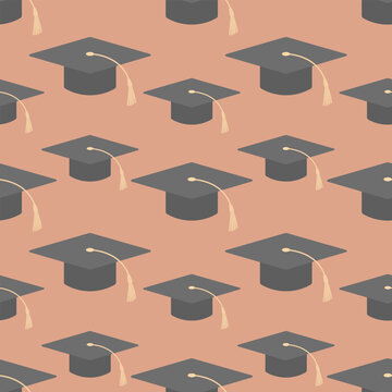 Black graduation cap with a gold tassel. Hats in different sizes. Seamless pattern. Red background.