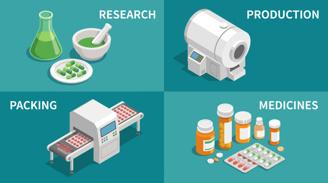 Infographic illustrating the pharmaceutical process including research, production, packing, and medicines in a graphic style