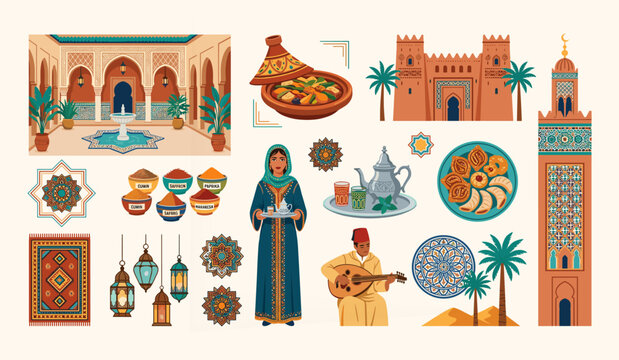 Moroccan Culture Elements Set Traditional Morocco Travel Vector Collection