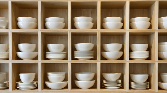 White ceramic bowls and plates neatly organized in wooden cubby shelves creating a minimalist and symmetrical kitchen storage display for modern home interior design