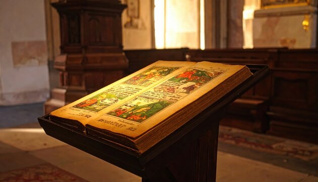 An ancient decorated codex manuscript page with vibrant illustrations and text on display in a church setting, showcasing historical and religious art.