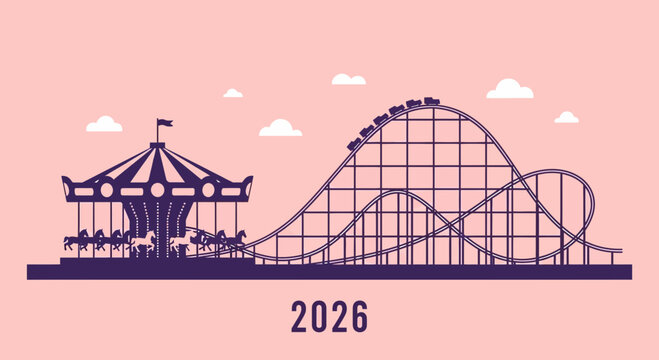 Amusement Park Silhouette with Carousel and Roller Coaster 2026