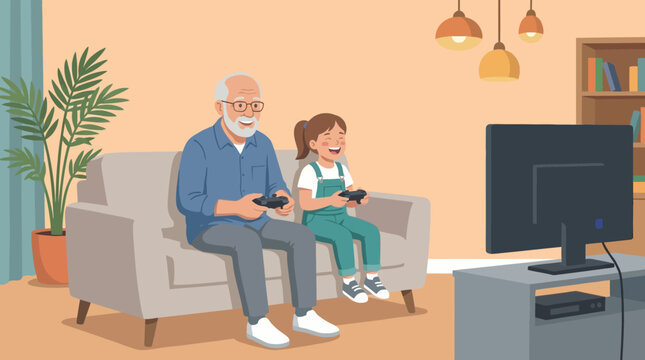 An elderly man and a young girl playing video games on a TV in a cozy living room with warm lighting.