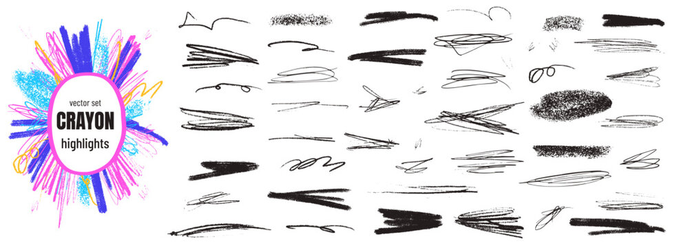 Crayon line scribbles with underline highlight emphasis and pencil texture sketch frames. Thick strokes in messy freehand charcoal on white. Hand drawn crayon vector set with bold line art streak.