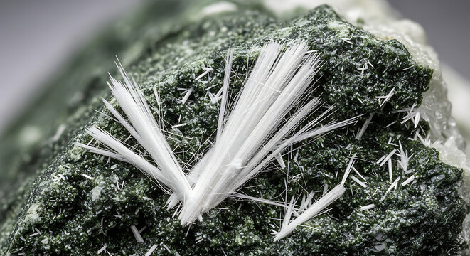 Detailed Macro Shot of Hazardous White Chrysotile Asbestos Fibers on Serpentine Rock Visualizing the Toxic Mineral Risks and the Need for Professional Remediation
