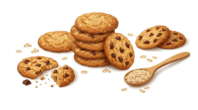A stack of chocolate chip cookies with a wooden spoon of oats on a white background