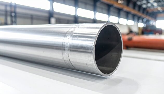 Smooth, nickel-plated industrial pipe section reflecting faint light in a manufacturing facility
