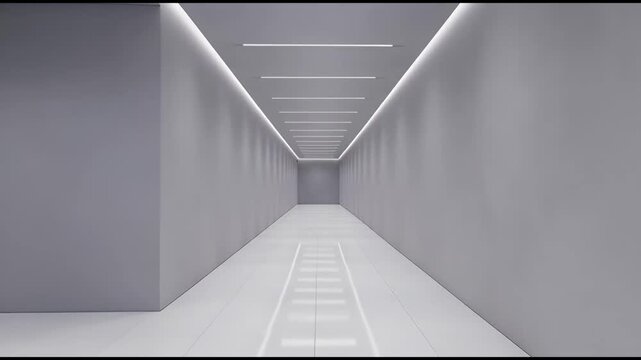 Modern architectural corridor featuring minimalist gray walls and illuminated ceiling lighting in a spacious building interior