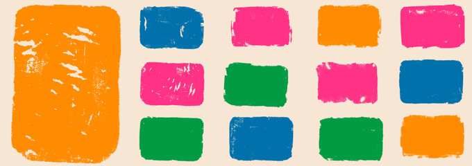 Obraz premium Grunge text box with rectangle shape stamp and rough effect for painted layout. Orange pink blue and green inked blocks on cream. Vector colorful tagged set isolated for social media campaign design.