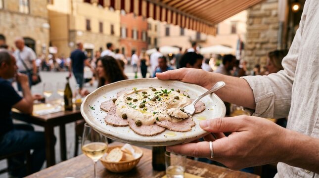 Person holding plate of Vitello Tonnato at outdoor Italian trattoria