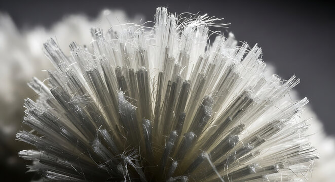 Extreme macro detail of hazardous chrysotile asbestos fibers showing the dangerous needlelike mineral structure often found in old house insulation and roof tiles