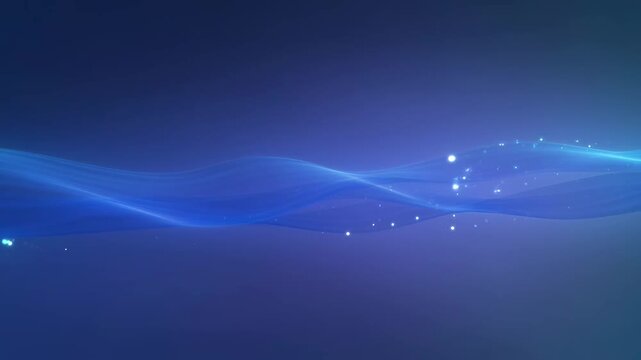 Flowing blue energy waves with floating particles drifting across a deep dark glowing atmospheric space