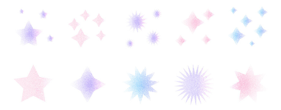 Pastel gradient star burst with halftone dots and grainy texture. Dynamic graphic design with stippled noise pink, purple effects and sparkling glitter. Vector dotworks gritty shapes illustration.