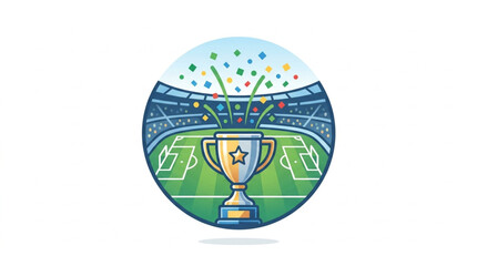 Golden Trophy on Soccer Field with Stadium Lights and Crowd. © Kanasuv