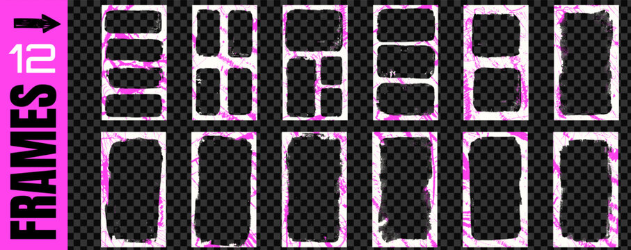 Border collection with rough paper texture on torn edge for magazine layout. Paint brush border in pink dye and halftone grunge background. Vector photo frames set with distressed texture isolated.